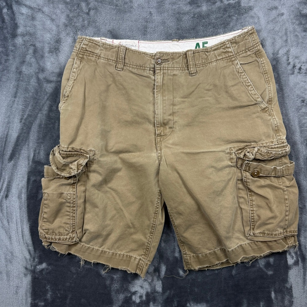 American Eagle Cargo Shorts Mens 34 Tan Khaki Distressed Frayed Hem Cotton